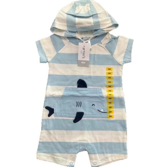 Carter's Other - Carter's Baby  Boy’s Romper Hood Jumper White Blue Shark Size 6 Month’s NEW